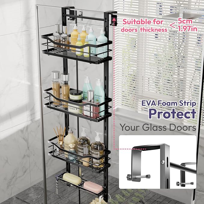 SWTYMIKI Over the Door Shower Caddy - 4 Tier Adjustable Shower Organizer Hanging with Soap Holder, No Drilling Stainless Steel Bathroom Rack Hanging for Body Wash, Shampoo, Soap, Razor, Black - Image 4