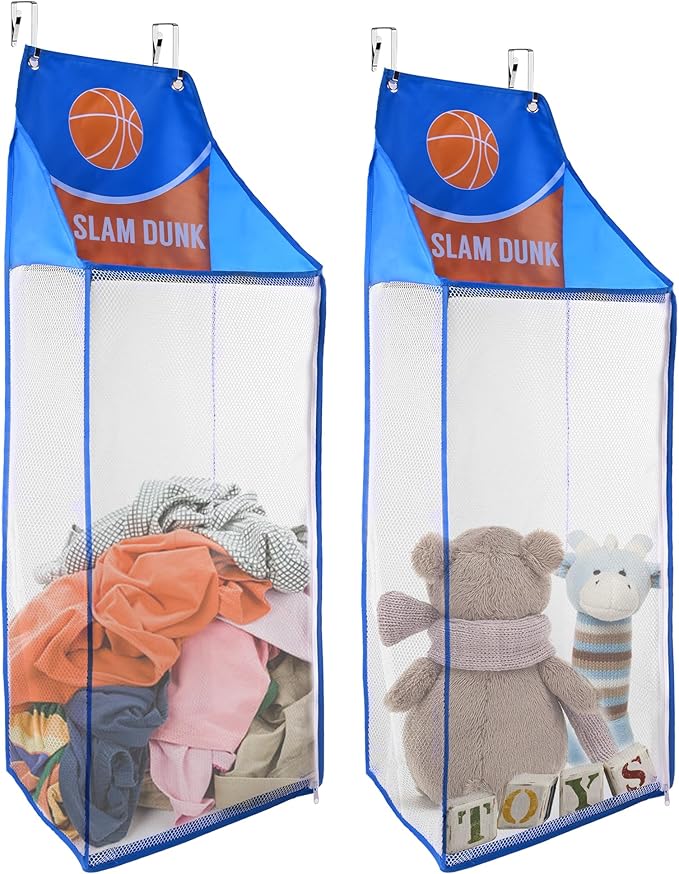 SPINFOX 2 Pack Over the Door Laundry Hamper, Hanging Basketball Laundry Hamper with Zipper, Foldable Mesh Laundry Bakset for Dirty Cloth Toy Towel Saving Space Storage and Organization - Basketball by SPINFOX