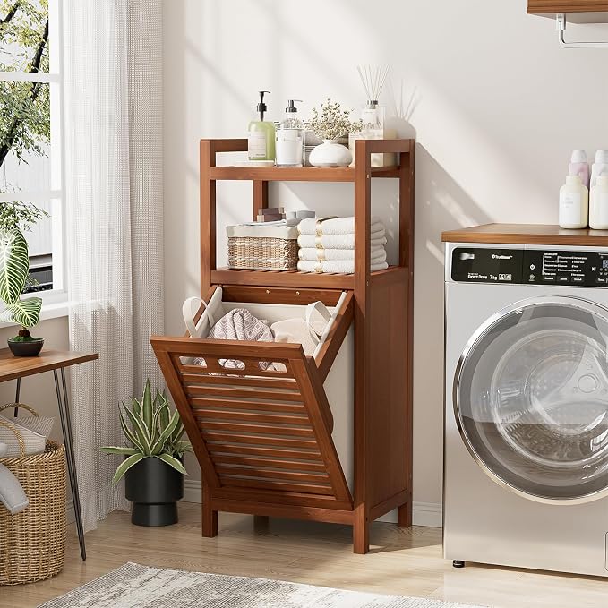 Homykic Tilt Out Laundry Hamper, 10 Gal Bamboo Laundry Storage Cabinet with Removable Basket, Hidden Hamper Organizer with Shelf for Dirty Clothes, Bathroom, Laundry Room, Space Saving, Walnut - Image 4