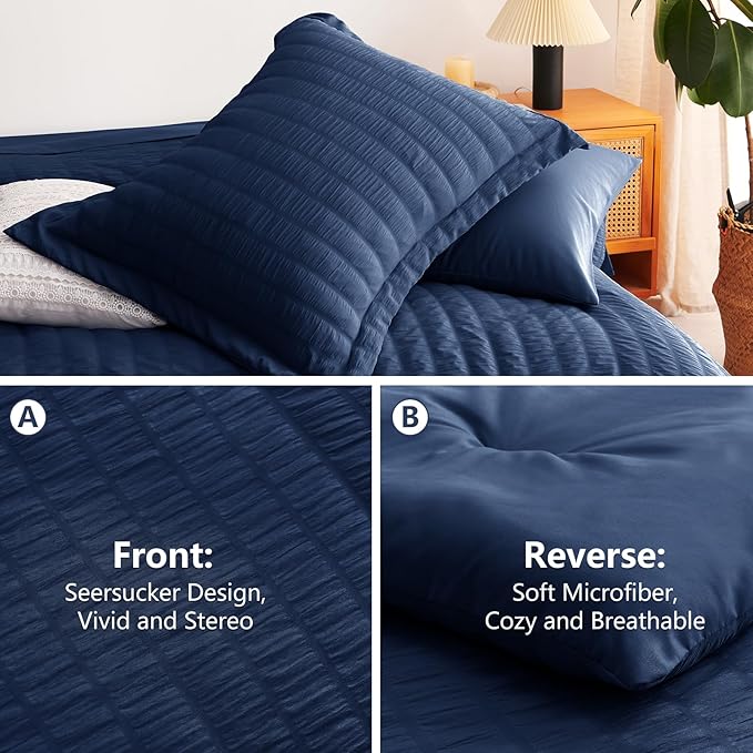CozyLux King Size Comforter Set Navy Blue Seersucker 7 Pieces Bed in a Bag King Comforter Set with Sheets, Luxury Soft Bedding Sets with Down Alternative Comforter, Sheets, Pillowcases & Shams
