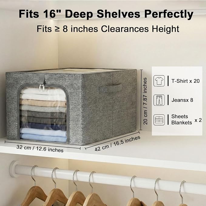 GoMaihe Clothes Storage Bins Metal Frame: 3-Pack Compact Stackable Closet Storage Bin with Lid & Clear Window, Space Saving Organizer for Sweaters Kids Clothes (Dorm/Closet 27L) - Image 2