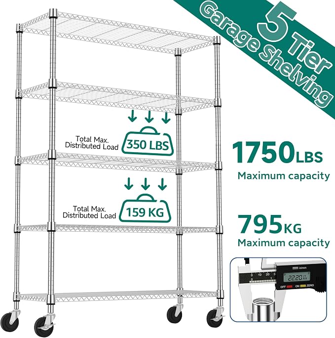 M MZG 1750LBS 47.2" W 5 Tiers Storage Shelves Metal Shelving Unit with Wheels Heavy Duty Garage Shelving Adjustable Wire Shelves for Pantry,Kitchen,Garage,Basement,Chrome 17.7" D x 47.2" W x 76.8" H - Image 8