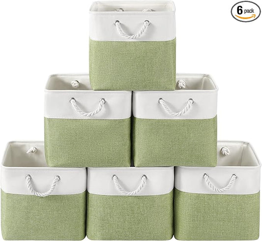 13 x 13 Inch Cube Storage Bins, 6 Pack Fabric Storage Basket with Handles, Foldable Boxes Organizer for Shelf Baskets for Home, Clothes (White/Green) by VQRTEXAStorageBasket