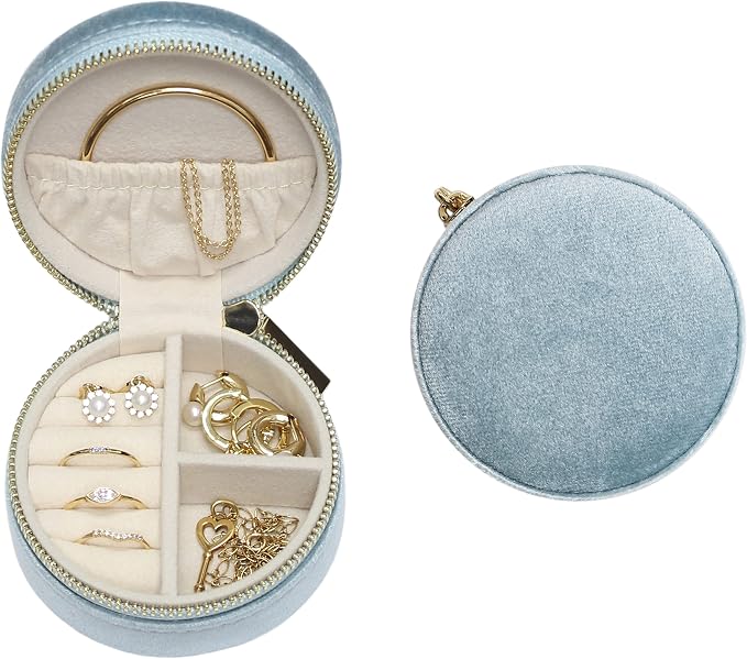 BLUTETE Velvet Travel Jewelry Case Small Round Travel Jewelry Organizer Jewelry Accessory Storage Case Gift Jewelry Box (Sky Blue/Round) by BLUTETE