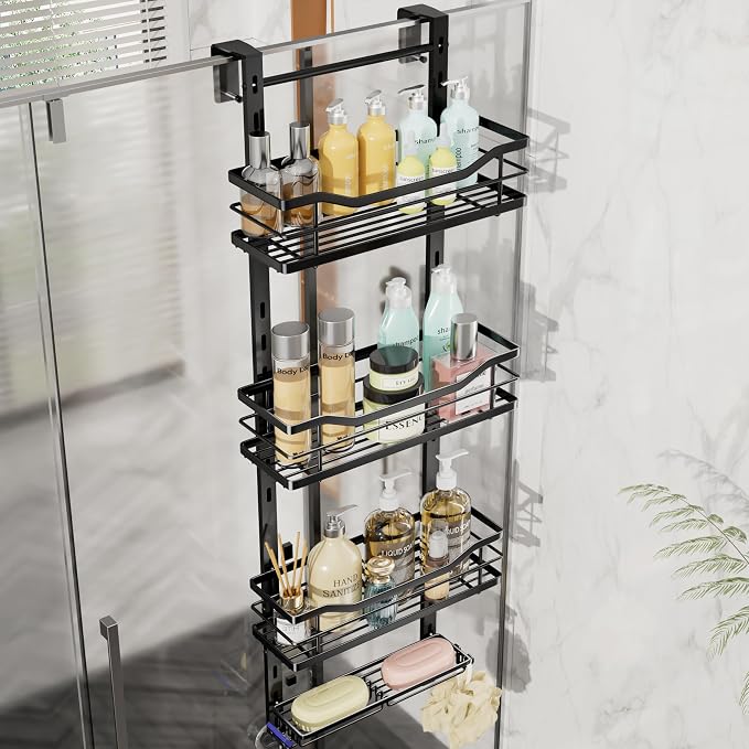 SWTYMIKI Over the Door Shower Caddy - 4 Tier Adjustable Shower Organizer Hanging with Soap Holder, No Drilling Stainless Steel Bathroom Rack Hanging for Body Wash, Shampoo, Soap, Razor, Black by SwtyMiki-TidyHomeSweetLife
