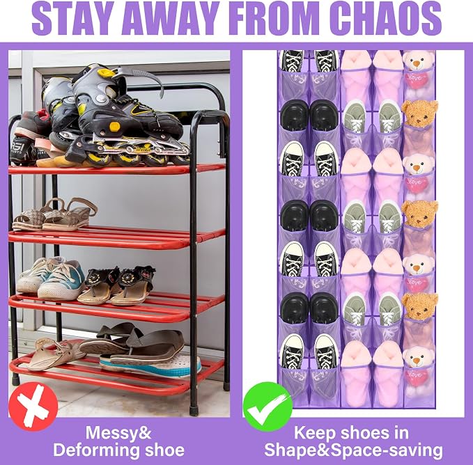 Windyun 40 Large over the Door Hanging Shoe Organizer Purple Mesh Pockets Shoe Rack for Closet Behind Door Hanger Storage Holder Nonslip for Cruise Essentials, Dorm Room Storage, Utility Room - Image 3