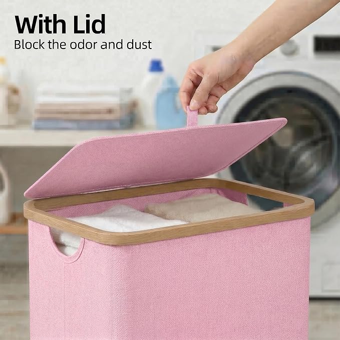 efluky Slim Laundry Basket with Lid, Narrow Laundry Hamper with Removable Bag, Skinny Dirty Clothes Basket with Bamboo Handles for Bathroom, Bedroom & Laundry Room, 75L Pink - Image 2