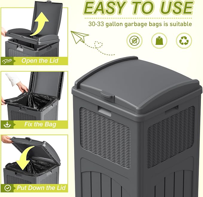 Greesum 33 Gallon Outdoor Trash Can with Lid (2-Pack), Heavy Duty Resin Garbage Bin, Waterproof & UV Resistant for Patio, Garden, Deck, Yard, Gray - Image 2
