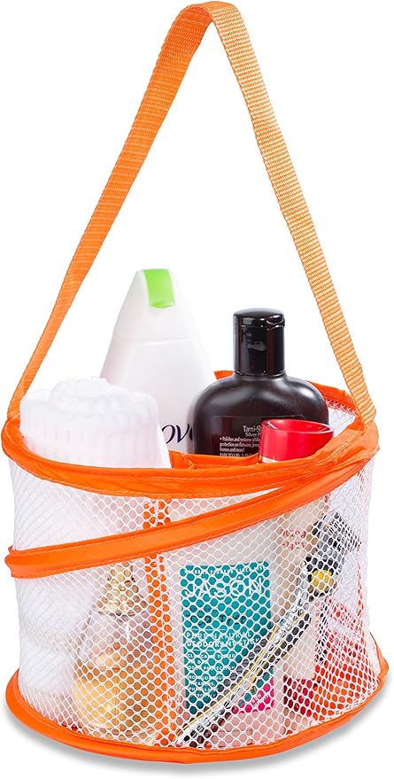 Handy Laundry Portable Shower Caddy – Collapsible Mesh Organizer with Handle, Quick Dry, Large Compartments for Dorm, College, Gym, Travel, Camp, Bathroom Essentials (Orange) by Handy+Laundry