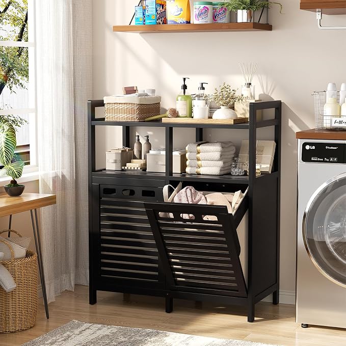 Homykic Tilt Out Laundry Hamper Cabinet, Bamboo Double Laundry Hamper with 2 Removable Laundry Baskets, 20 Gal Laundry Sorter Organizer with Shelf for Dirty Clothes, Bathroom, Laundry Room, Black - Image 3
