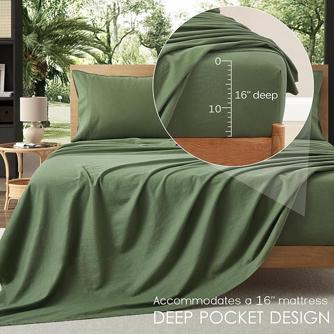 4Pcs Linen Sheets Full Size, 100% French Linen from Normandy, Breathable Forest Green Bed Sheets Full Sheet Set with 16 Inch Deep Pocket, 1 Flat Sheet, 1 Fitted Sheet, 2 Pillowcases