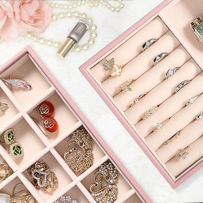 LANDICI Stackable Jewelry Organizer Trays 4 Set,PU Leather Jewelry Organizer Drawer,Jewelry Storage Display Tray for Earring Necklace Rings Bracelet with Removable Dividers,Rose Gold - Image 3