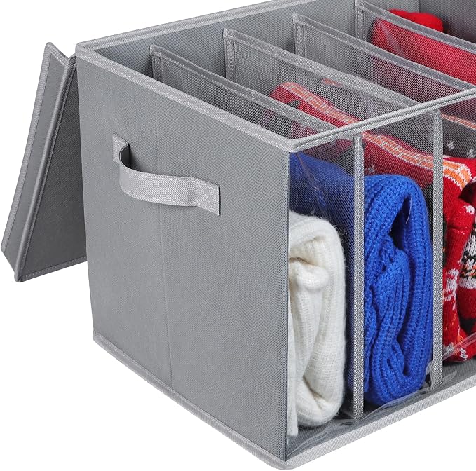 Zilink Upgraded Sweater Storage for Closet with Lids and Support Boards Large Sweater Organizer for Closet with 5 Grids Divider Wardrobe Clothes Organizer for Sweaters, Jeans, Pants, Grey, 3 Pack - Image 3