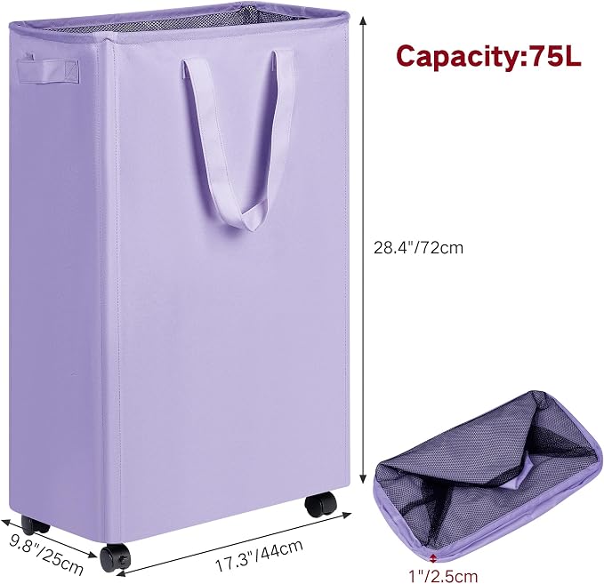 efluky Slim Laundry Hamper with Wheels, Rolling Laundry Basket for Clothes, Small Laundry Basket for Bedroom, Dorm and Laundry Room, 75L (19.8 Gallons) Purple - Image 2