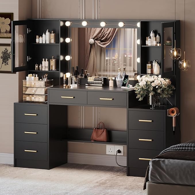 UGTOO Makeup Vanity Desk with Mirror and Lights, 58.3" Makeup Vanity with Lights & Charging Station, Dressing Table Vanity Set White Vanity Table with 8 Drawers & 2 Cabinets, Without Stool Black