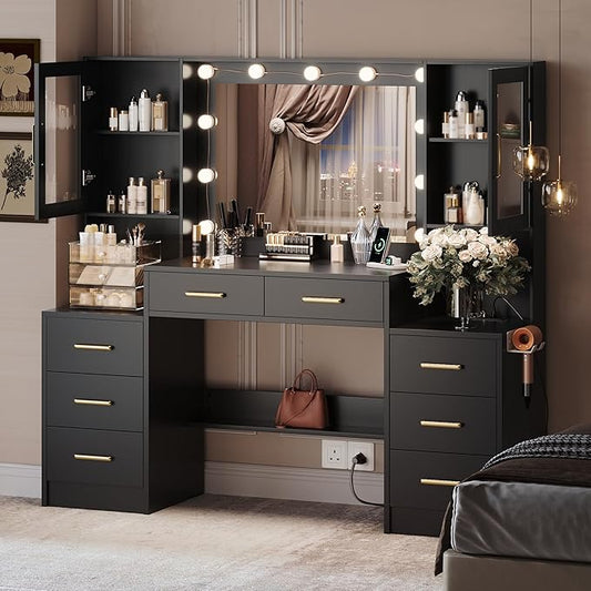 UGTOO Makeup Vanity Desk with Mirror and Lights, 58.3" Makeup Vanity with Lights & Charging Station, Dressing Table Vanity Set White Vanity Table with 8 Drawers & 2 Cabinets, Without Stool Black