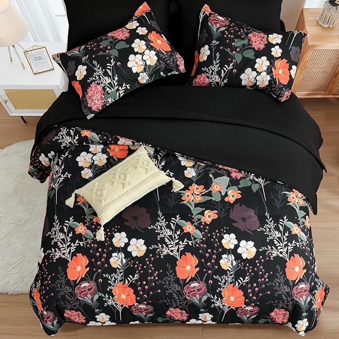 Yiran Black Red Floral Comforter Set Queen Size, 7 Piece Winter Comforter Bedding Set, Colorful Farmhouse Bed in a Bag, Soft Microfiber Complete Bedding Set with Sheets for All Season