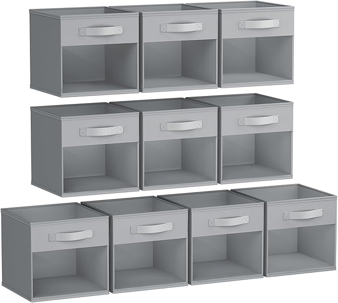 DIMJ Storage Cubes, Cube Storage Bin, 10 Pack Foldable Storage Cubes with Window, Closet Storage Bins with Handle, 11x 11 inch Storage Box for Clothes, Toys, Books (Grey) by DiMJ