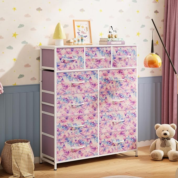 WLIVE Storage Organizer Unit with 11 Fabric Bins, Storage Drawers Organizer with Steel Frame, Tall Storage Tower Organizaton for Living Room, Hallway, Office, Tie-dye Print (Pink, Purple, Blue) - Image 8