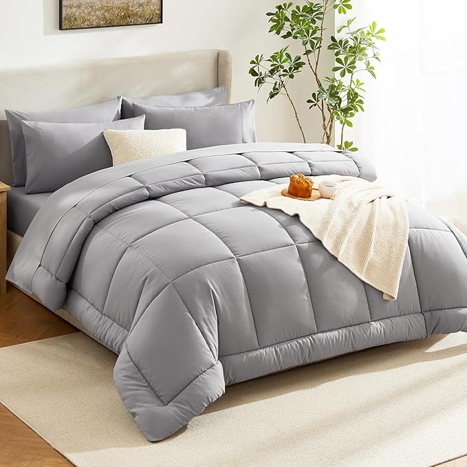 CozyLux Queen Comforter Set Grey, 7 Pieces Bed in a Bag, Gray Comforters Queen Size, All Season Bedding Sets with Stitch Quilted Comforter, Flat Sheet, Fitted Sheet, Pillowcases