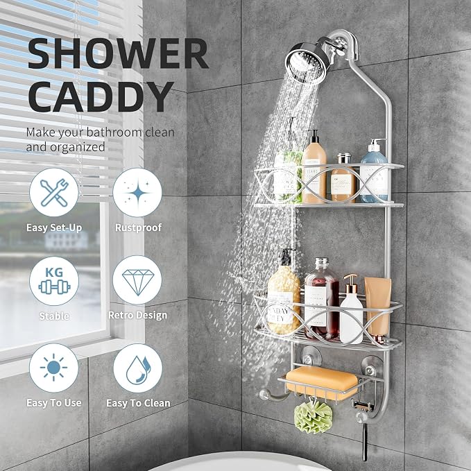 GAOKASE Shower Caddy Hanging 3 Tier with Two Movable Baskets, Grey Shower Caddy with Hooks for Towels, Sponge and More - Image 2