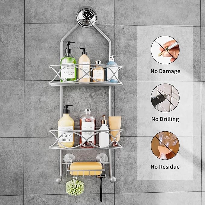 GAOKASE Shower Caddy Hanging 3 Tier with Two Movable Baskets, Grey Shower Caddy with Hooks for Towels, Sponge and More - Image 4