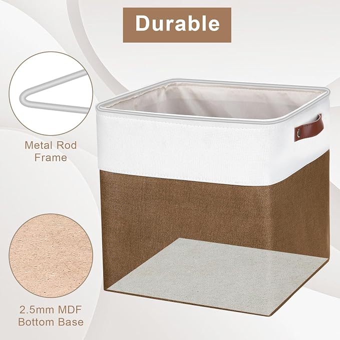 Bagnizer 13x13 Cube Storage Bins, Collapsible Fabric Storage Box, 4 Pack Closet Baskets with Handles for Organizing, Shelf, Toys, Clothes, Home, Office, Nursery (Brown&White) - Image 2