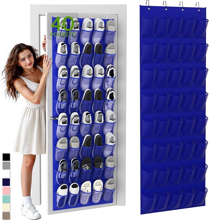 Unjumbly Over the Door Shoe Organizer with 40 Large Breathable Mesh Pockets, Space Saving Shoe Holder, Hanging Shoe Rack for Entryway Bedroom Closet Storage (Navy Blue, 40 Pockets) by Unjumbly