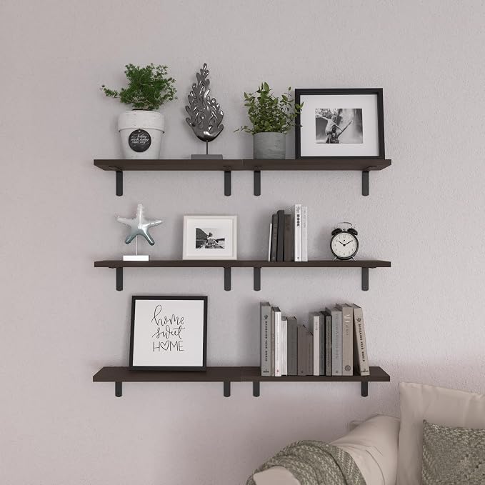 WOPITUES Wood Floating Shelves Set of 6, Shelves for Wall Decor, Farmhouse Shelf for Bedroom, Bathroom Storage Shelves, Book Shelves for Living Room, Dark Brown - Image 6