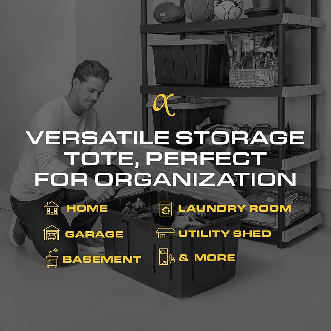 CX Black & Yellow 27-Gallon Heavy Duty Storage Bins with Lids, Stackable Plastic Storage Bins with Weather-Resistant Design, Home Organization, 4 Pack (14.3"H x 20.6"W x 30.6"D) - Image 6