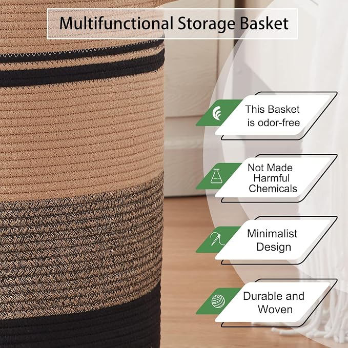 OIAHOMY 80L Laundry Baskets-Laundry Hamper,Storage Basket with Handles,Decorative Basket for Living room,Woven Storage Basket for Toys Bin,Pillows, Blankets,Clothes-20x18in-Yellow Black - Image 5