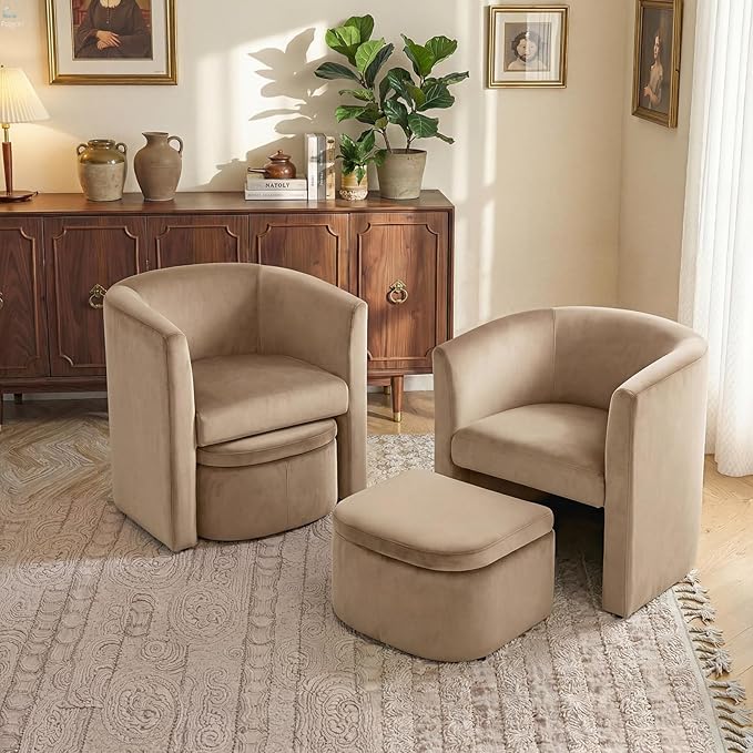 COLAMY Morden Velvet Barrel Accent Chair with Storage Ottoman Set of 2, Upholstered Living Room Side Chair, Single Sofa Armchair with Lounge Seat for Bedroom/Office/Reading Spaces, Khaki