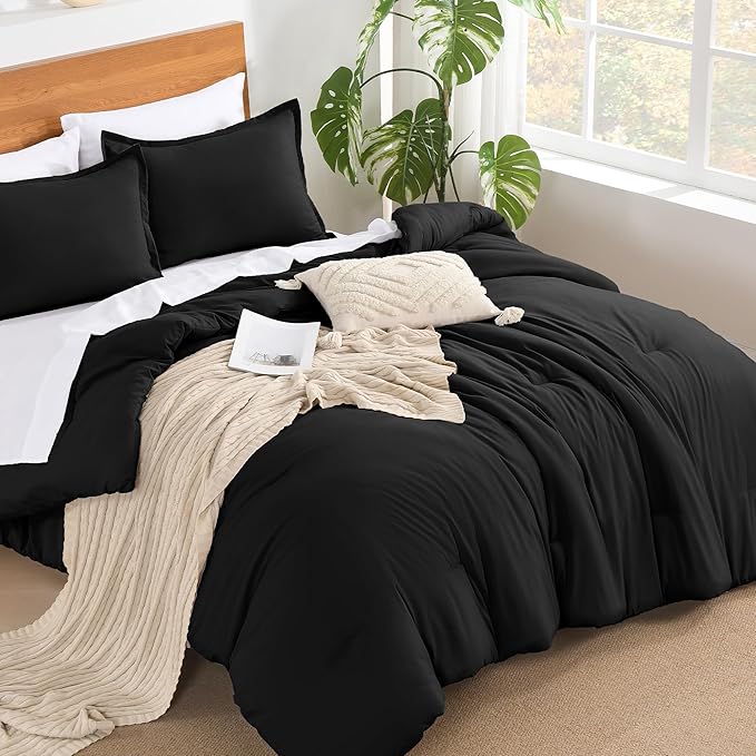 Andency Black Comforter King Size - 7 Pieces Bed in a Bag King Bedding Comforter Sets, Summer Plain Soft Lightweight Comforter with Fitted Sheets, Flat Sheets, Pillowcases & Shams