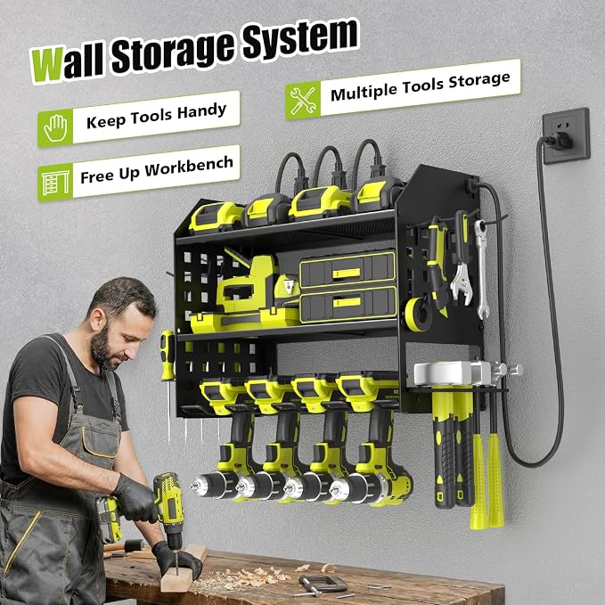SUNALLY Power Tool Organizer Wall Mount with Charging Station,3 Layer Heavy Duty Metal Tool Storage Rack with 4 Drill Holders, Power Tool Shelf for Garage, Warehouse, Workshop, Gifts for Men, Husband - Image 7