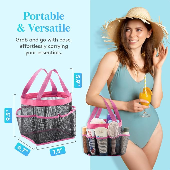 Lifewit Mesh Shower Caddy Portable for College Dorm Room Essentials with 7 Pockets, Freestanding Hanging Organizer Basket, Quick Dry Tote Bag for Camping, Bathroom, Beach, Travel, 1 Pack, Pink - Image 2
