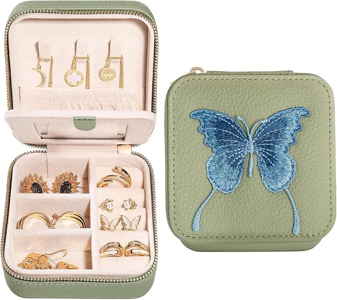 S.Leaf Travel Jewelry Organizer Boxes for Women Small Portable Necklace Earrings Bracelet Rings Travel Case Best Friend Birthday Gifts for Women Trendy (Butterfly_Fadegreen_Blue) by SLeaf