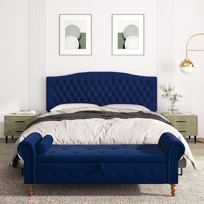 Befurtori King Headboard Only, Upholstered Headboard King Size for Adjustable Bed Velvet Tufted Wall Mounted Head Board with Solid Wood Legs, Navy Blue