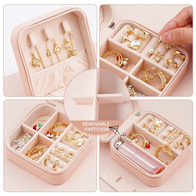 Neveika Portable Travel Mini Jewelry Box Leather Jewellery Ring Organizer Case Storage Gift Box Girls Women (pink). - Image 5