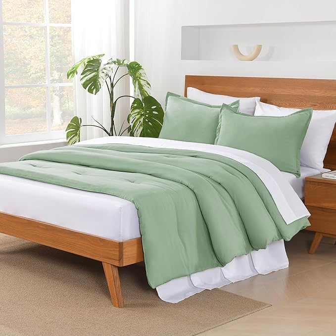 Andency Sage Green California King Comforter Set - 7 Pieces Bed in a Bag Cal King Bedding Comforter Sets, Summer Solid Soft Lightweight Comforter with Fitted Sheets, Flat Sheets, Pillowcases & Shams