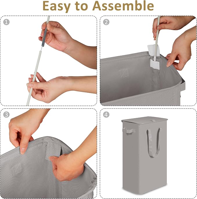 efluky Slim Laundry Basket with Lid, Narrow Laundry Hamper with Handles, Collapsible Dirty Clothes Hamper, Tall Laundry Bin for Laundry Room, Dorm and Bedroom, 55L Grey - Image 4