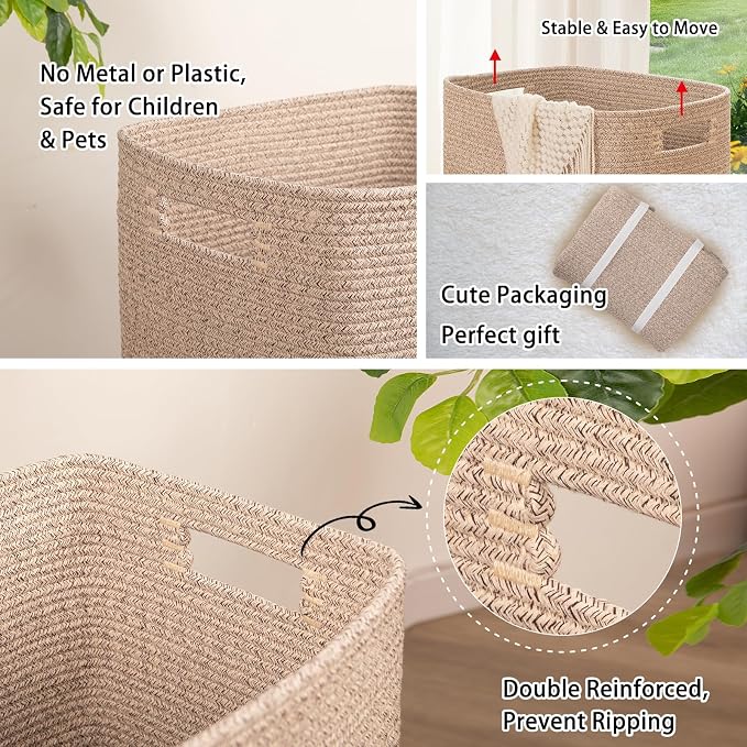 OIAHOMY Laundry Hamper, Rectangle Cotton Laundry Basket with Handles, Large Blanket Basket for Living room, Woven Decorative Storage for Toys,Clothes,Pillows-16x13x22in-Brown variegated - Image 4