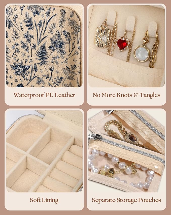 Bistup Travel Jewelry Case - Small Jewelry Organizers and Storage Box for Women Girls Teens Cute Traveling Jewelry Holder with Mirror Little Tiny Compact Modern Unique Aesthetic Pretty, Blue Floral - Image 5
