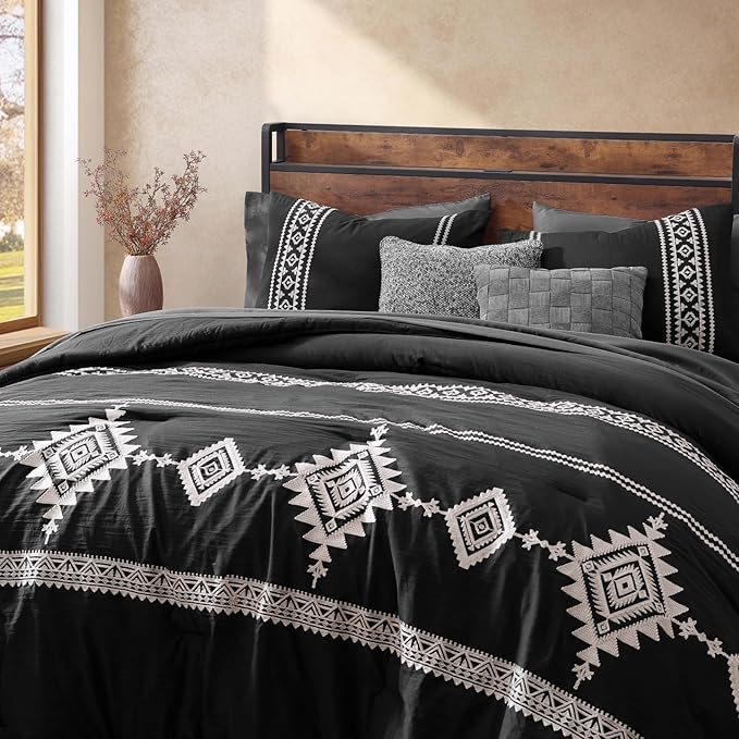 MaiRêve Embroidery Comforter Set, Boho Farmhouse Western Bedding Set, All Season Bed in A Bag Comforter Set with Sheets, Pillowcases & Shams, Black King 7 Pieces