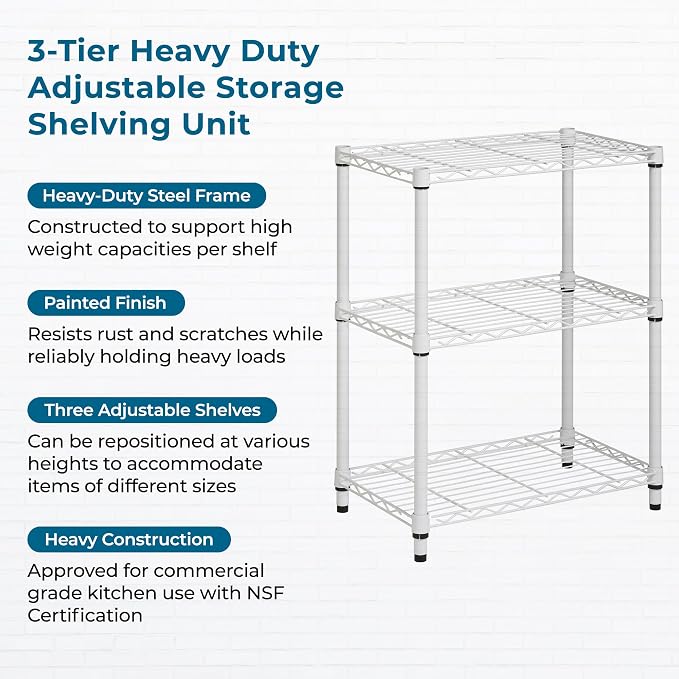 Honey-Can-Do 3-Tier Heavy-Duty Adjustable Shelves, Metal Storage Rack with 250-lb Shelf Capacity, White, 14" W x 24" L x 30" H - Image 5