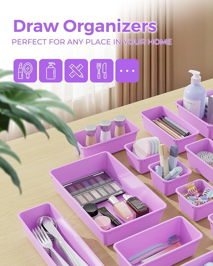 BiuLeon 25 PCS Plastic Drawer Organizers Set, 4-Sizes Vanity and Makeup Organizer, Desk and bathroom Drawer Organizer Trays, Organizers and Storage for Makeup, Jewelry, Gadgets, Utensils (Purple) - Image 3