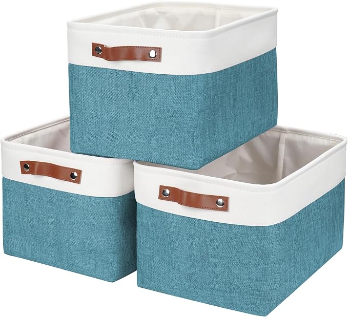 Bagnizer Storage Bins Large Fabric Storage Baskets for Shelves 3 Pack, Decorative Linen Closet Baskets with Handles for Organizing, Shelf, Clothes, Home, Office, 15x11x9.5Inches (Teal&White) by Bagnizer