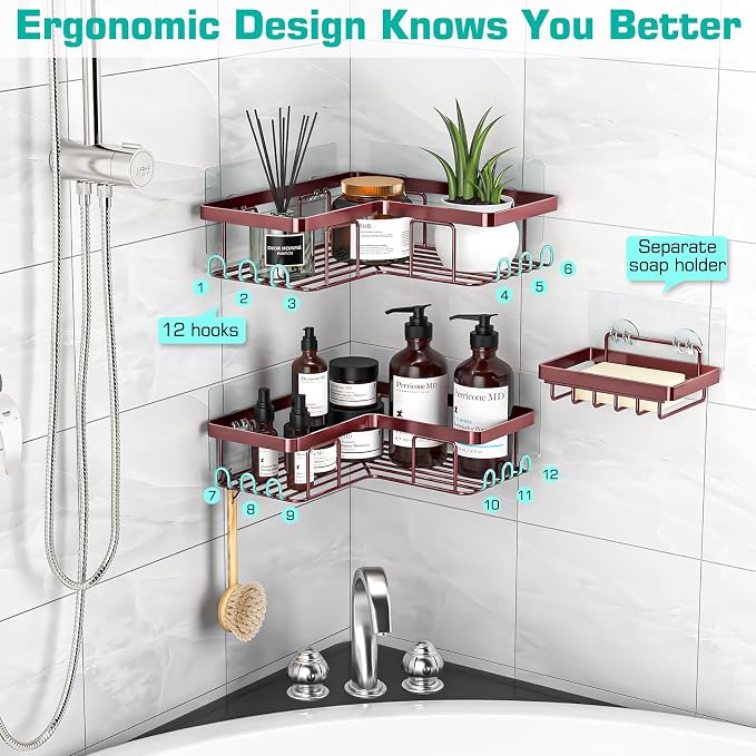 YASONIC Corner Shower Caddy, 3-Pack Adhesive Shower Caddy with Soap Holder and 12 Hooks, Rustproof Stainless Steel, No Drilling Wall Mounted Rack Organizer, for Bathroom, Bronze - Image 4
