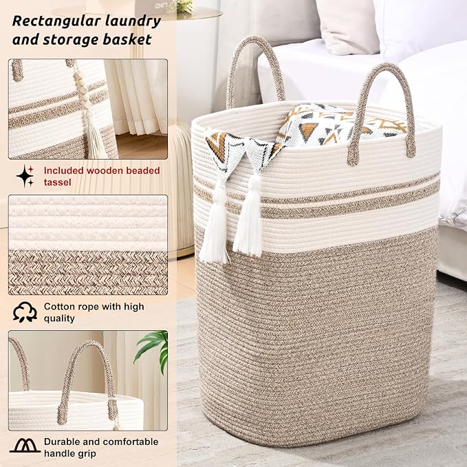 Woven Laundry Basket for Clothes, 65L Large Rectangle Laundry Hampers, Nursery Storage Basket for Toys, Tall Dirty Clothes Hamper for Bedroom Aesthetic, Bathroom, Laundry Room - Image 8
