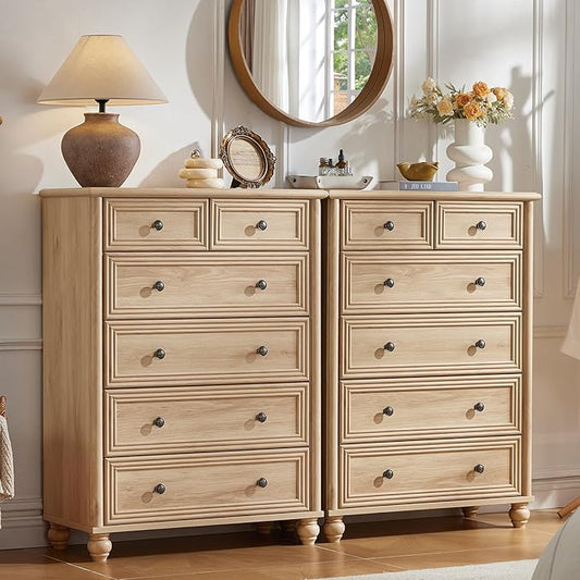 RWYHG Farmhouse 6 Drawer Dresser Set of 2, Natural Chest of Drawers, 43.5" Tall Dressers for Bedroom with Roman Column and Metal Handles, Wood Storage Organizer for Living Room, Hallway, Closet