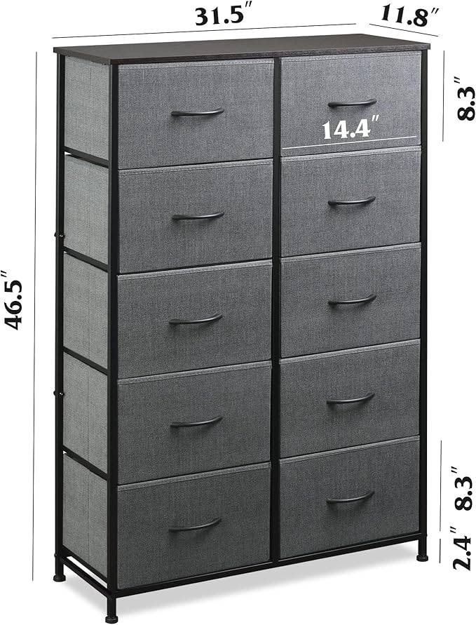 WLIVE Tall Dresser for Bedroom with 10 Drawers, Chest of Drawers, Dressers Bedroom Furniture, Grey Dresser with Fabric Bins for Closet, Hallway, Living Room, Entryway, Dark Grey